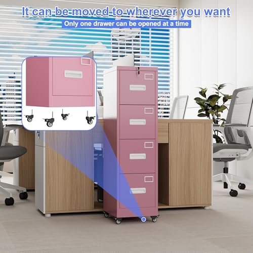 Aobabo 4 Drawer Metal File Cabinet with Lock and Wheels, Pink - Image 5