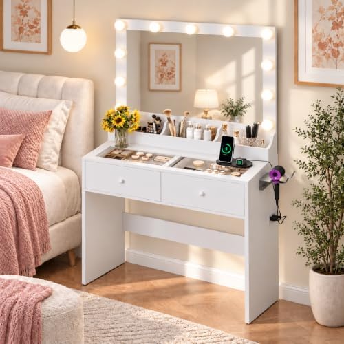 VINGLI Makeup Vanity Desk with Mirror and Adjustable Lights，31.5inch by VINGLI