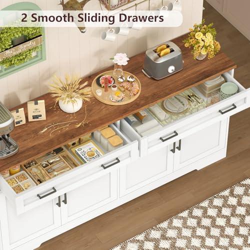 usikey 63" Buffet Cabinet with Storage, Sideboard Cabinet with 2 Adjustable Shelves and 4 Doors, Modern Farmhouse Coffee Bar Cabinet for Kitchen, Living Room, White - Image 6