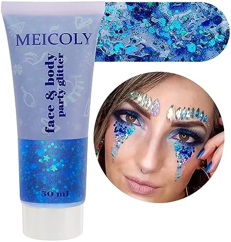 MEICOLY 50ml Holographic Blue Face Glitter Gel,Halloween Body Glitter Outfits for Women,Self-Adhesive Waterproof Game Day Spirit Day Hair Glitter Makeup for Independence Day Memorial Day by MEICOLY