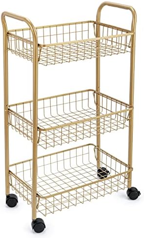 3 Tier Mesh Rolling Utility Cart, Gold Metal Organization Cart with Lockable Wheels, Multifunctional Storage Trolley Service Cart for Kitchen Living Room Office Salon by MNOPQ