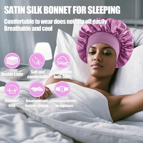 4PCS Silk Satin Bonnets for Black Women & Men - Elastic Wide Band Hair Wrap Cap for Curly Hair - Shower Cap for Sleeping (Black, Blue, Purple, Green) - Image 4