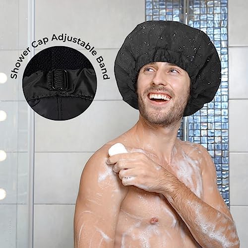 Shower Cap for Men Black Bath Cap, Reversible Terry Lined Large Waterproof Adjustable Shower Caps Elastic Band Stretch Hem Hair Hat for braids - Image 4