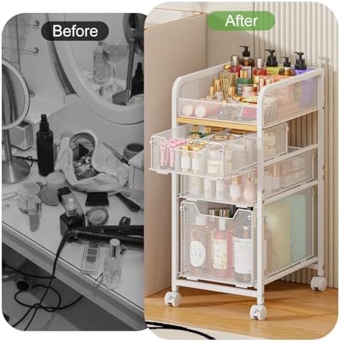 Hongtamoya Rolling Makeup Cart Organizer with 3 Drawers, Narrow Floor Skincare Organizers, Vanity Organizer Cosmetics Display Cases Holder for Skin Care Nail Polish Perfume Makeup Brush, White - Image 7