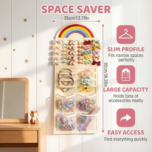 Rainbow Kids Hair Accessory Organizer Wall Hanging, Multi-Compartment Hanging Storage Bag for Hair Clips, Hair Ties, Headbands, Hair Bows,Space Saving Organizer for Girls Bedroom, Nursery - Image 3