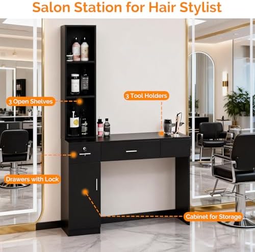 OmySalon Salon Stations for Hair Stylist, Locking Barber Station Organizer, Wall Mount Hair Styling Equipment with 2 Drawers, 1 Storage Cabinet, 3 Open Shelves, for Beauty Spa Hairdresser, Black - Image 3