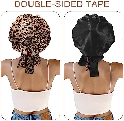 CHLINS Satin Bonnet Silk Sleep Cap for Women - Stretchy Tie Band Hair Cap for Curly Hair - Silk Wrap (Black+Leopard Print) - Image 4