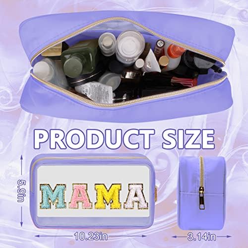 Iqimott Clear Patch Makeup Bag Mama Pouch, Preppy Personalized Chenille Letter Cosmetic Pouch for Travel, Nylon Waterproof Travel Essentials Zipper Toiletry Bags for Women Girls(MAMA, Purple) - Image 2