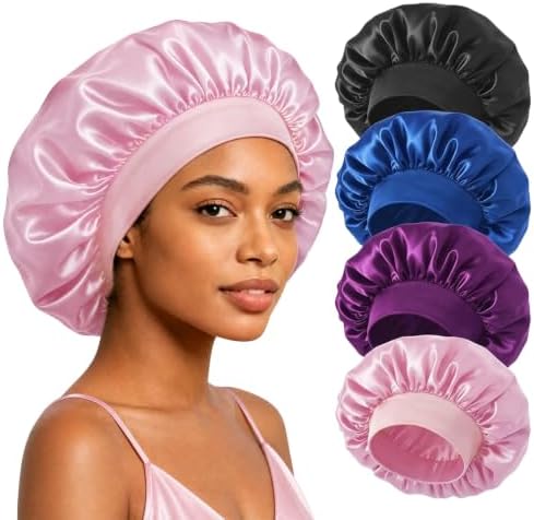4 Pack Large Satin Bonnet for Sleeping Women ,Hair Bonnet for Long Braids by Unknown