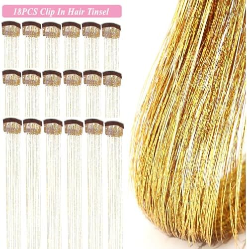 ZYXQZYX Hair Tinsel Kit Pack of 18 Pcs Hair Tinsel Clip in 19.6Inch Glitter Tinsel Hair Extensions Heat Resistant Clip in Hair Tinsel Sparkle Fairy Hair Accessories for Kids Girls Women(Gold) - Image 2