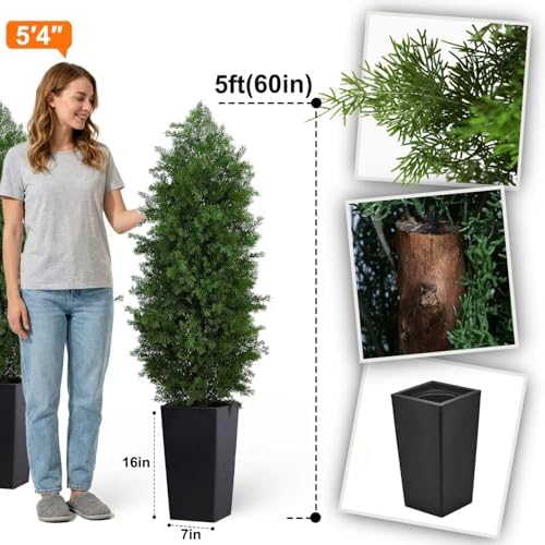 Aveyas 5ft Artificial Cedar Topiary Trees, 5 ft Faux Potted Plants Evergreen Fake Pine Cypress Tree for Outdoor Porch Home Outside Door Decor (5 Feet Tall Including Raised Pot) - Set of 2 Pack - Image 2