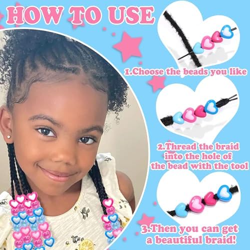 NAISKA 108PCS Hot Pink Blue Hair Beads 12 Styles Box Beads for Hair Heart Dreadlock Jewelry Iridescent Braids Bead Loc Jewelry Cute Hair Accessories for Kids Girls - Image 5