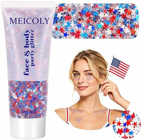 MEICOLY 50g Star Shaped Red White and Blue Body Glitter Face Glitter Gel, Patriotic Accessories Hair Glitter for 4th of July Outfits for Women, Fourth of July USA Accessories for Independence Day by MEICOLY