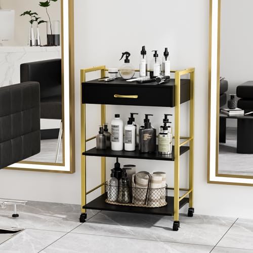 mefeir Salon Trolley Cart for Beauty SPA, Wooden Rolling Storage Station, Mobile Utility Cabinet with 1 Drawer 2 Trays, Medical Esthetic Supply Holder for Massage Tattoo Facials, Black Gold - Image 2