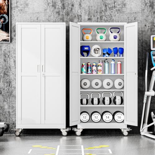 75" Metal Garage Storage Cabinet with Wheels and Locking Doors and Tall Rolling Steel Tool Cabinet with 5 Adjustable Shelves for Garage,Home,Office,Shop (White, 75''H x 32''W x16''D) - Image 5