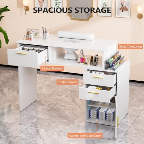 OmySalon Nail Desk with Ribbed Design & Electric Dust Collector - Nail Tech Station with Storage Drawer, Fluted Glass Cabinet & Wrist Cushion for Home Salon & Spa (White) - Image 4