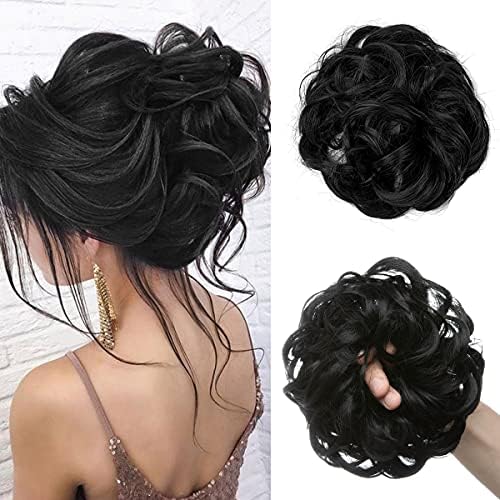 CJL HAIR Large Messy Bun Hair Piece Wavy Curly Scrunchies Synthetic Chignon Ponytail Hair Extensions Thick Updo Hairpieces for Women Jet Black by CJLHAIR