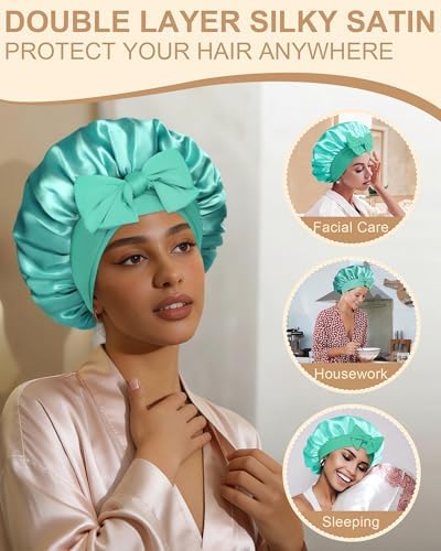 Satin Bonnet for Women Silk Bonnets for Sleeping Curly Hair Bonnet with Elastic Tie Band Reversible Double Layer Sleep Cap Hair Wrap (Blue+Green) - Image 7