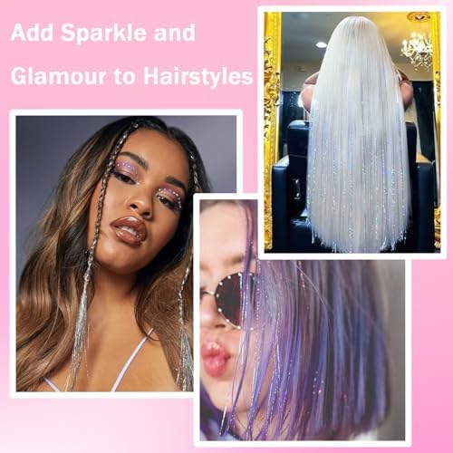 NIACONN Glitter Hair Tinsel Extensions Kit Silver with Tools and Beads, 48 Inch Sparkly Fairy Colorful Tensile Strands Shiny Hair Accessories for Women Girls Kids - Image 5