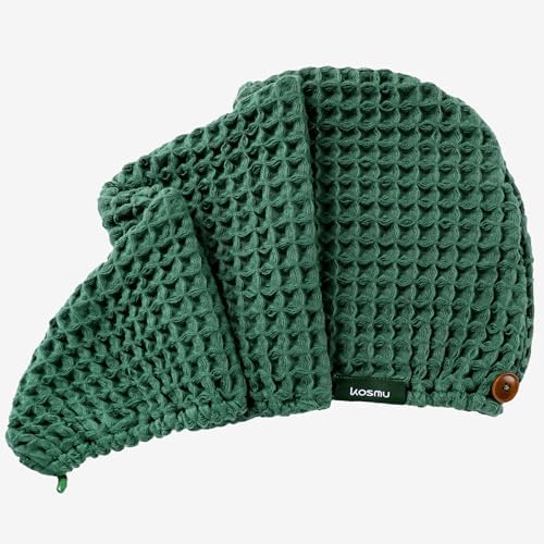 Luxury Organic Japanese Cotton Hair Drying Waffle Towel Wrap for Women | Absorbent, Quick-Dry Head Turban for Shower, Sauna, Spa | Extra Large for Long, Curly, Straight Hair With Button (Green, 1 Pc) - Image 2