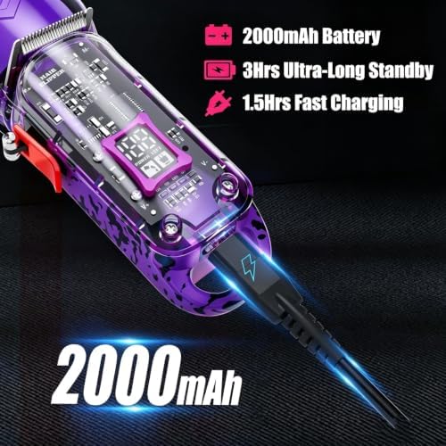 Professional Hair Clippers for Men, Cordless Barber kit for Hair Cutting & Grooming, Hair Clippers Set for Barber Haircut with LED Display 8 Fade Taper Combs(Purple) - Image 3