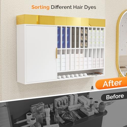 OmySalon Wall Mounted Salon Station, Cabinet with Hair Color Rack, Salon Color Rack Organizer with Adjustable Shelves, Barber Hair Dye Display for Hair Stylist, White Gold - Image 5