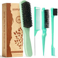 Boar Bristle Slick Back Hair Brush for Smooth Flyaways, Frizz, Sleek Ponytail, Buns and Edge Baby Hair | Edge Brush, Teasing Brush Rat Tail Comb Styling Accessories for Girls, Kids, Women & Men(Green) by Goiple