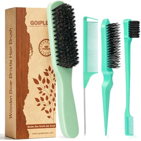 Boar Bristle Slick Back Hair Brush for Smooth Flyaways, Frizz, Sleek Ponytail, Buns and Edge Baby Hair | Edge Brush, Teasing Brush Rat Tail Comb Styling Accessories for Girls, Kids, Women & Men(Green) by Goiple