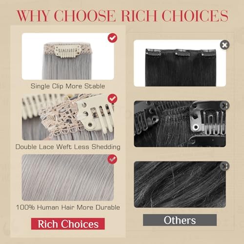 Rich Choices Real Human Hair Clip In Extensions-6 Pcs Single Clip Design-Invisible Clip in Extensions for Thin Hair-Hairpieces for Women/Men-14 Inches Grey-Halloween Hairs Decorations - Image 5