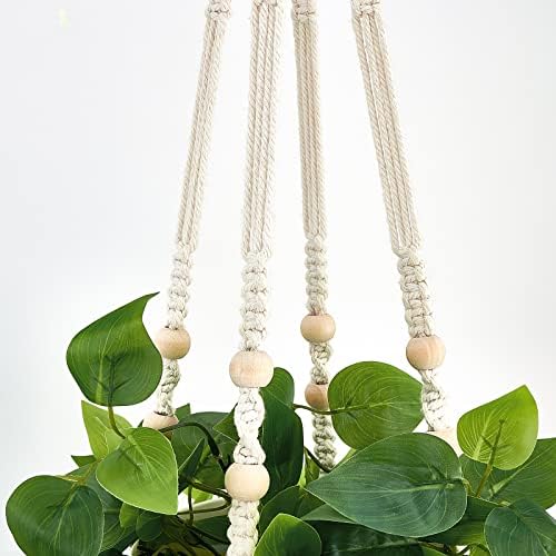 Mkono Fake Hanging Plant, Macrame Hanger with Pothos Vines & Pot, Ivory - Image 6