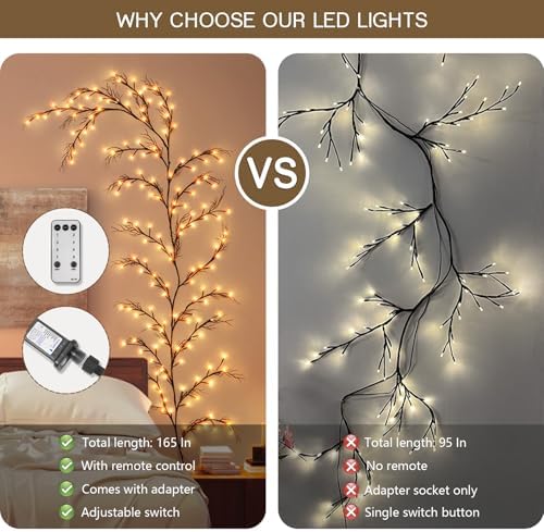160 LED Plug In Vines Lights Room Decor with Remote, 8 Modes and Timer, Indoor Home Plants Flowers Tree Willow Lights, Artificial Tree for Walls Bedroom Living Room Kitchen Coffee Shop Decor（Black） - Image 3
