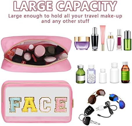 Iqimott Clear Patch Makeup Bag Face Pouch, Preppy Personalized Chenille Letter Cosmetic Pouch for Travel, Nylon Waterproof Organizer Travel Essentials Zipper Toiletry Bags for Women Girls(Pink) - Image 4