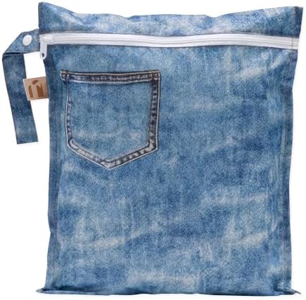 Bumkins Roamio Waterproof Wet Bag for Baby, Travel, Swim Suit, Cloth Diapers, Pump Parts, Pool, Beach, Gym Clothes, Toiletry, Hook to Stroller, Daycare, Zipper Wetdry Packing Pouch, Faux Pocket Denim by Bumkins