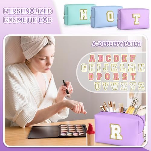 TOPEAST Personalized Birthday Gifts for Women, Preppy Patch Makeup Bag, Chenille Letter Pouch Cosmetic Bag, Travel Organizer, Gifts for Friends, Cute Stuff for Women (Purple L) - Image 3