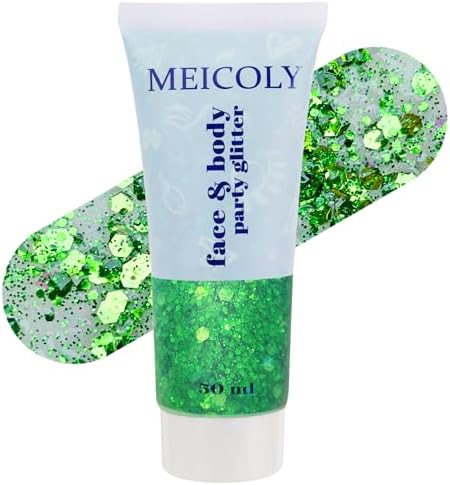 MEICOLY Green Face Body Glitter,St Patricks Day Chunky Hair Glitter for Women Kids,Self-Adhesive Holographic Green Accessories Irish Parade Makeup,Spirit Day Wear,Alien Costume,Festival Rave Outfits by MEICOLY