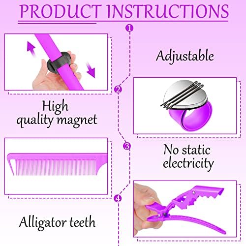 22 Pieces Magnetic Wrist Sewing Pincushion with Braiding Tools, Stainless Steel Pintail Rat Tail Comb, Wide Teeth Alligator Sectioning Clip, and Hair Parting Ring for Hair (Purple) - Image 3