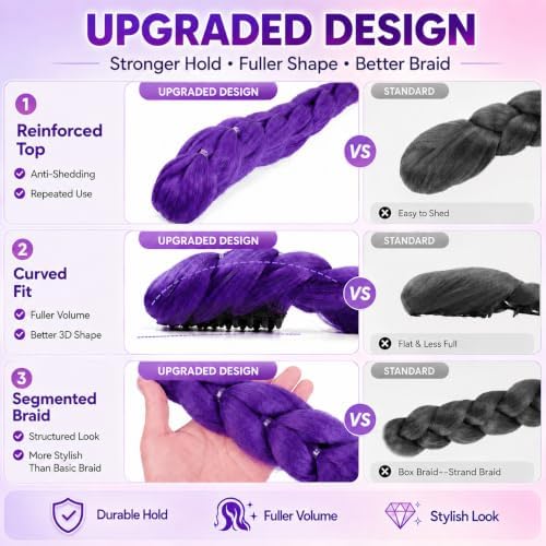 Getgal 24 Inch Purple Braiding Hair with Sturdy Claw Clip, Segmented Pre-Braided Synthetic Purple Hair Extensions for Girls, Halloween Party Cosplay & Daily Play for Kids(Pack of 1) - Image 6