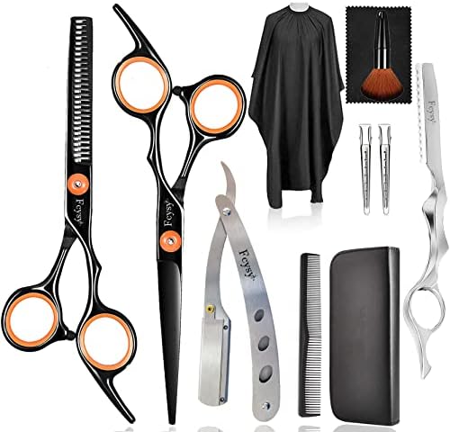 Hair Scissors Thinning Shears for Hair Cutting, Fcysy Professional Barber Blending Shears Kit with Straight Edge Razor Barber Tools, Hairdressing Trimming Scissors for Men Women by Fcysy