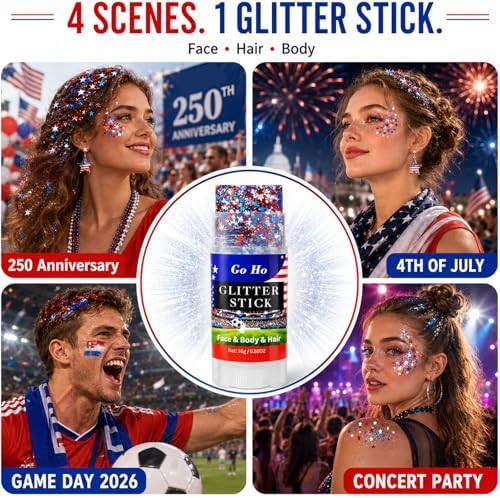 Go Ho Red White and Blue Star Face Glitter Stick,Waterproof Body&Hair Glitter,4th of July Accessories,Patriotic USA Flag Sparkle Stick for Soccer Game Independence Day 250 Anniversary Makeup - Image 5