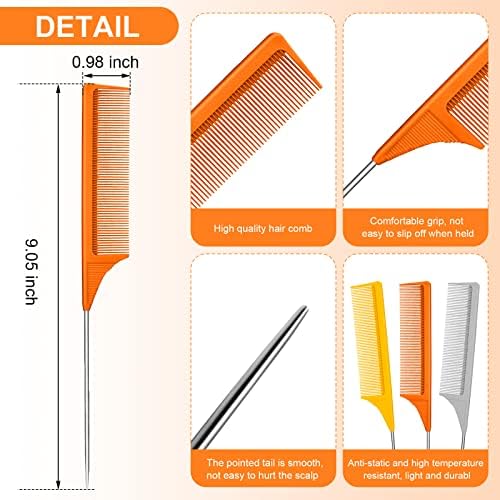 Leinuosen 3 Pack Rat Tail Comb Carbon Fiber,Orange, Ginger, Grey - Image 3