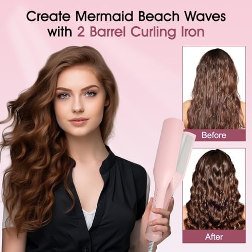 Beach Wave Curling Iron Deep Waver Hair Tool, Mermaid Hair Waver for Women Crimper, Anti-Scald, Dual Voltage, 1.4 Inch Ceramic Double Barrel Wavy Curling Iron, Pink - Image 3