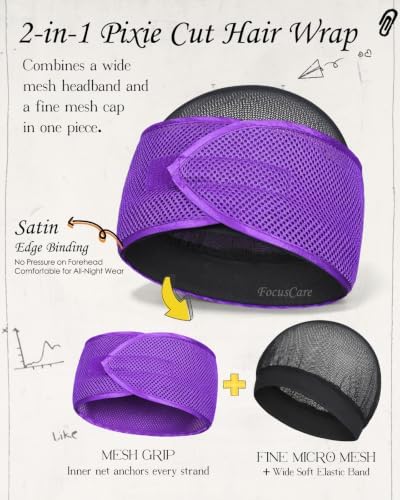 FocusCare 2-in-1 Anti-Slip Hair Wrap for Sleep – Mesh Durag Cap for Pixie Cut Short Hair, Adjustable Hook and Loop Closure - Image 2