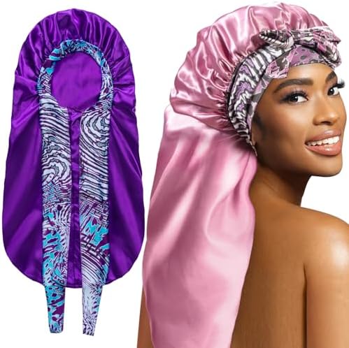 2Pcs Bonnets for Black Women Braid Bonnet, Large Long Satin Silk Bonnet for Braids,Black Women Braid Bonnet with Stretchy Tie Band for Sleeping Extra Long (Purple & Pink Pattern) by WOZUTUNT
