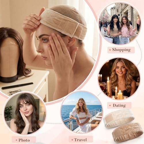EBOOT 2 Pack Velvet Wig Band Adjustable No Slip Wig Grip, Nude and Beige - Image 6