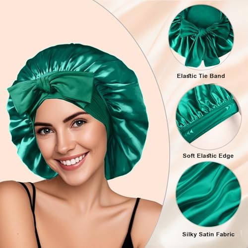 2Pcs Silk Hair Satin Bonnet for Sleeping Women,Large Satin Sleep Bonnets for Women with Elastic Tie Band Silk Hair Wrap with Ajustable Straps,Night Sleep Cap for Curly Braids,Black+Green - Image 2