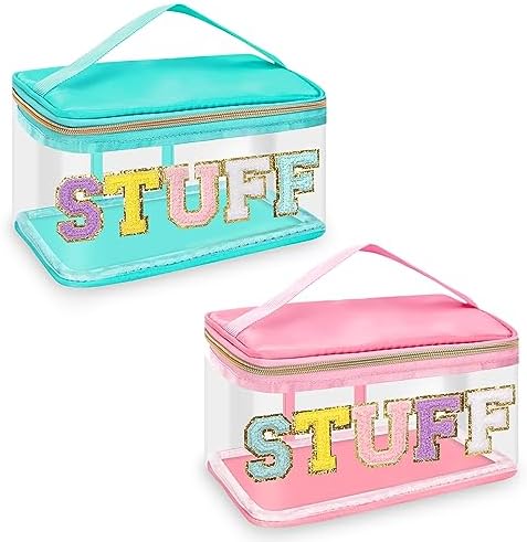 2 Pack Chenille Letter Clear Makeup Bags Stuff Pouch, Preppy Patch Makeup Bag Zipper with Handle, Pink Stuff Bags for Travel Nylon Waterproof Glitter Cosmetic Toiletry Storage for Women(Pink+Green) by izuzta