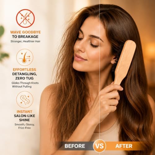 Slick Back Hair Brush with Boar Bristles Wooden Handle Smoothing Brush - Image 3