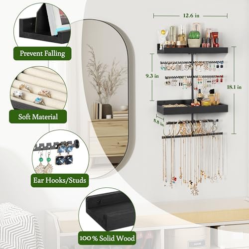 Keebofly Wall Mounted Jewelry Organizer with 2 Tired Shelves & Ring Holder- Jewelry Holder Wall Storage Display for Earrings, Necklace, Bracelet in Bathroom Bedroom, Black - Image 3