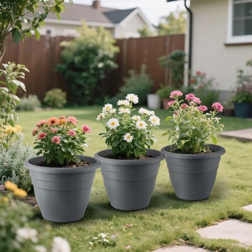 RooTrimmer 12 Inch Plant Pots, Large Planters for Outdoor Plants, Plastic Flower Pots - Durable and Lightweight with Drainage Holes (3 Packs, Gray) - Image 5