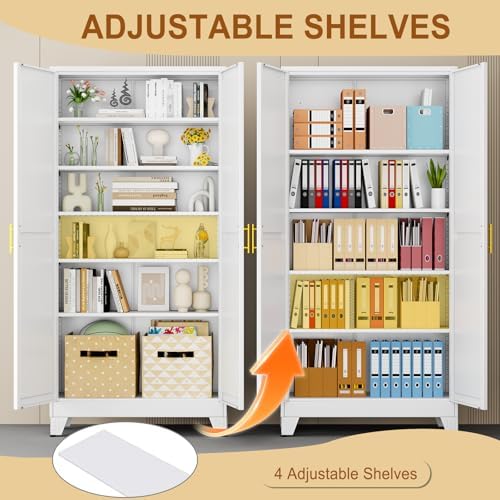 75" White Tall Metal Storage Cabinet with 2 Doors and 5 Adjustable Shelves,Steel Garage Tool Cabinet, File Cabinet,Kitchen Pantry Cabinet for Home,Office,Garage,School,Warehouse - Image 4